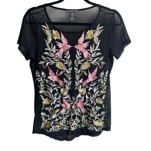 Chelsea & Theodore Embroidered Black Mesh Top Pink/Gold Accents Whimsical